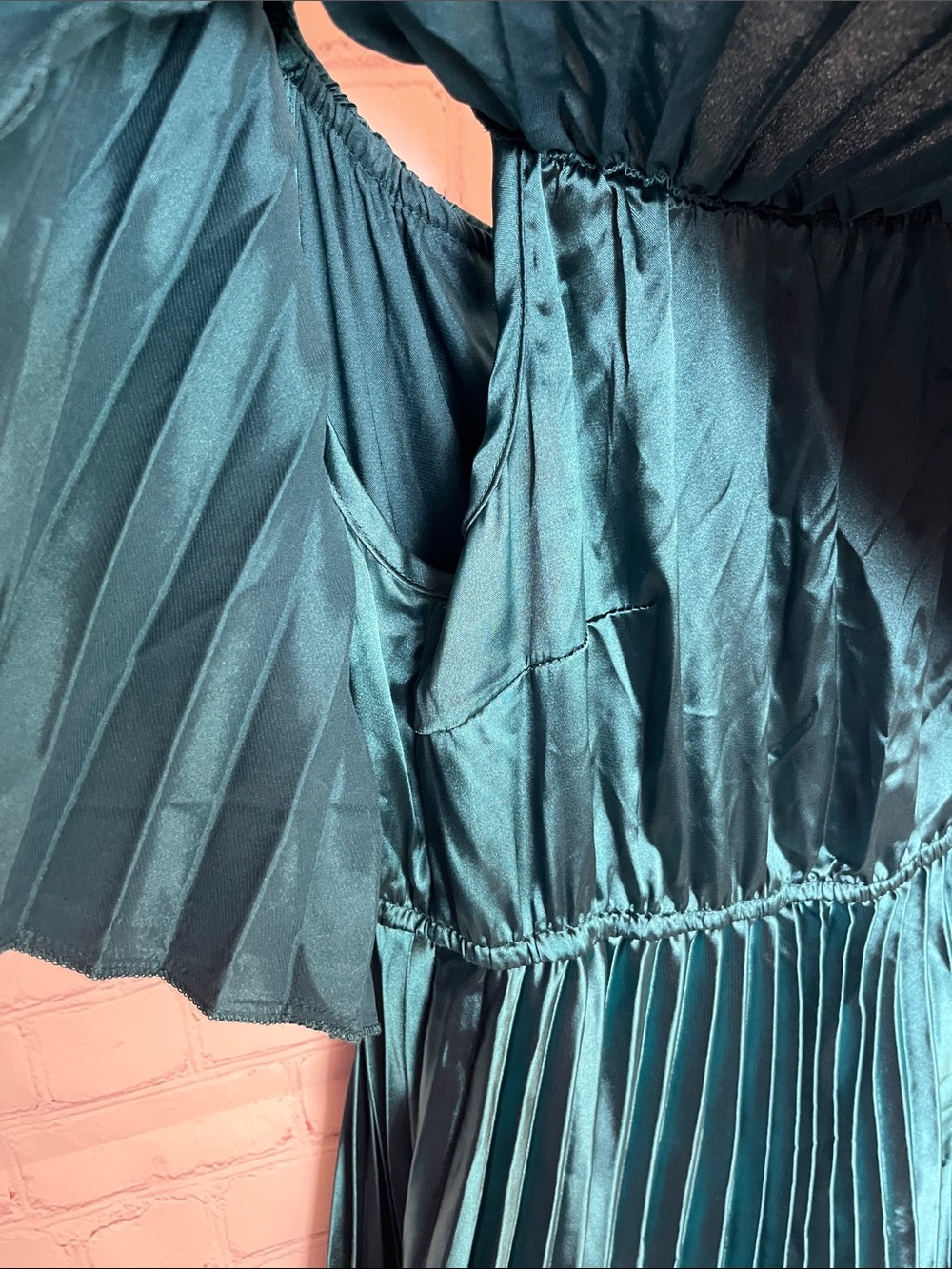 Dark Teal Green Off Shoulder Pleated Dress - Picture 5 of 11